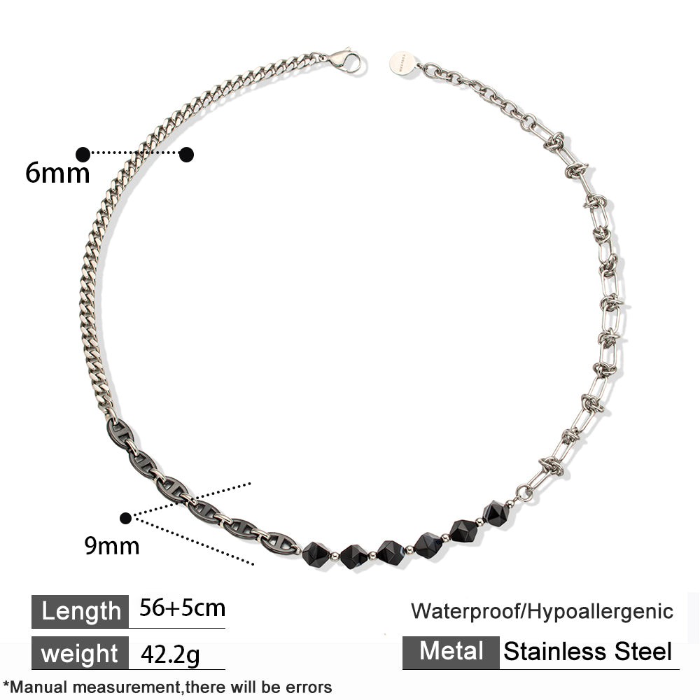 Black Agate Necklace with Stainless Steel Handmade Chain – Elegant & Bold