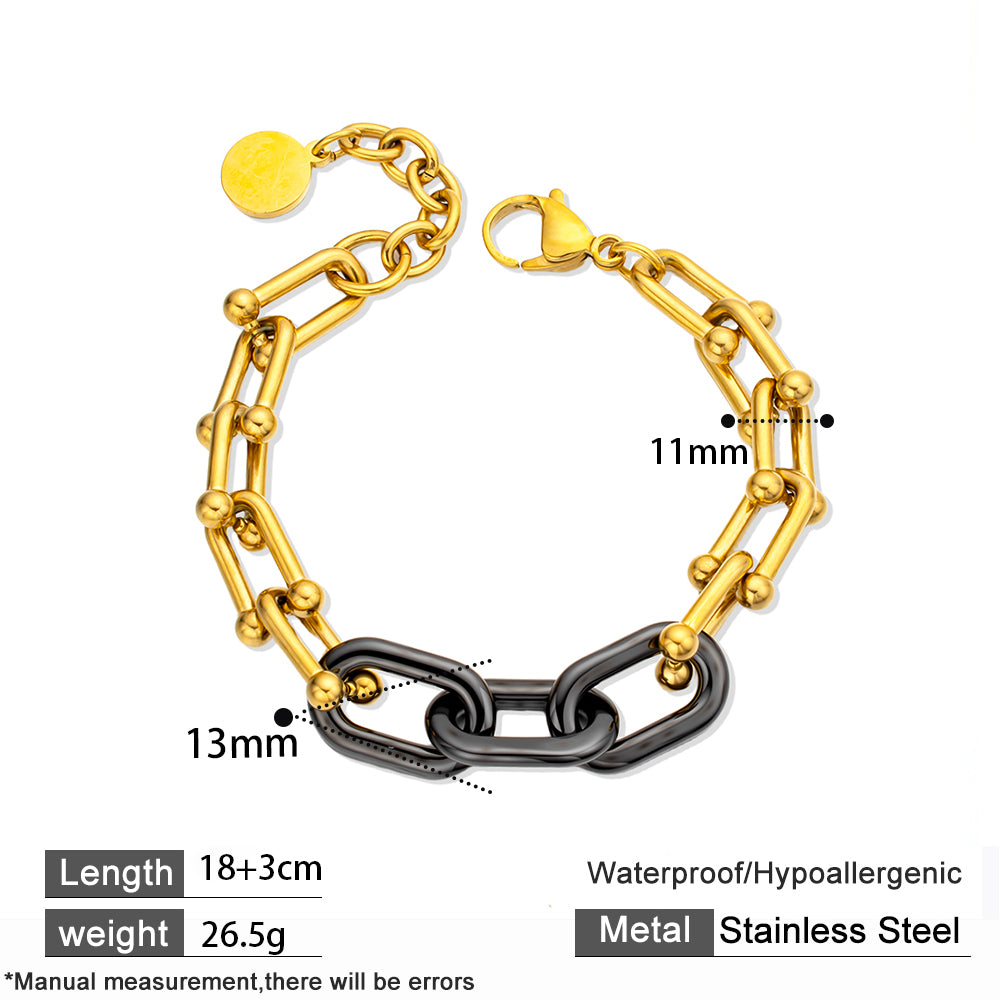 Black Ceramic Horseshoe Chain Bracelet with 18K Gold-Plated Stainless Steel – Bold & Elegant Unisex Jewelry