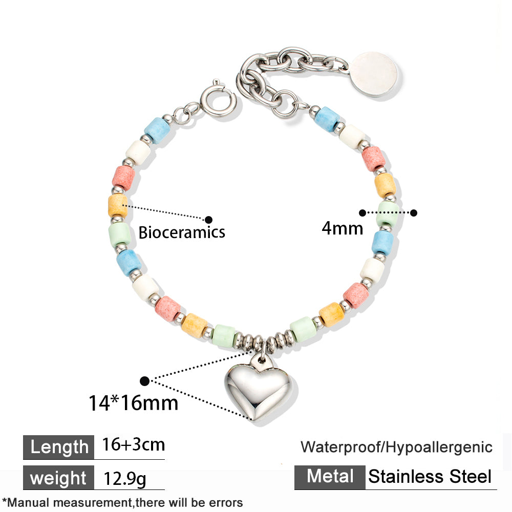 Rainbow Stone Heart Charm Bracelet for Women – Colorful Stainless Steel Beaded Bracelet, Symbol of Joy and Love