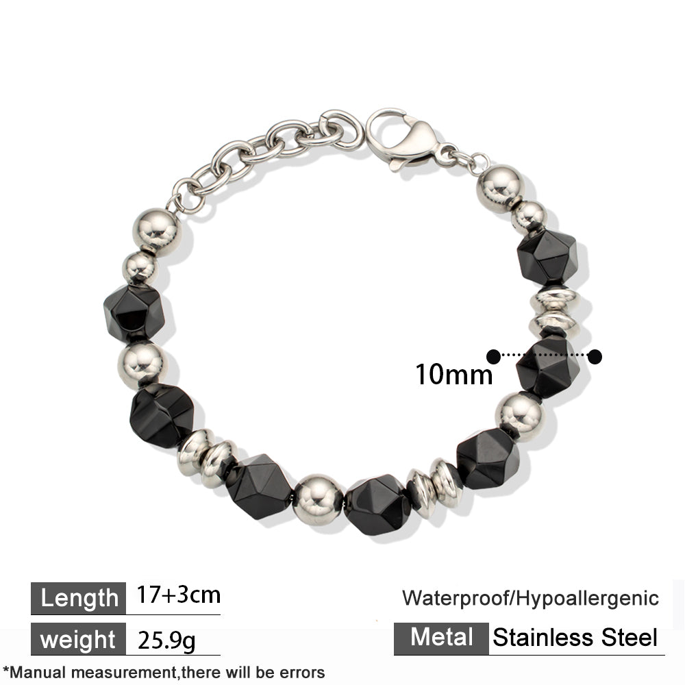 Black Faceted Agate Bracelet with 316 Stainless Steel Beads – Elegant & Modern