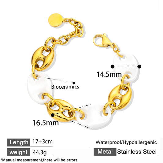 White Ceramic Bracelet with 18K Gold-Plated Stainless Steel – Elegant & Modern Unisex Accessory
