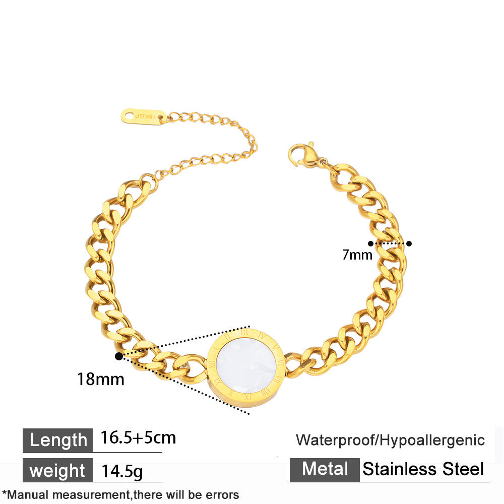 316 Stainless Steel 18K Gold Plated Cuban Chain Bracelet | Roman Numeral Disc Pendant Jewelry