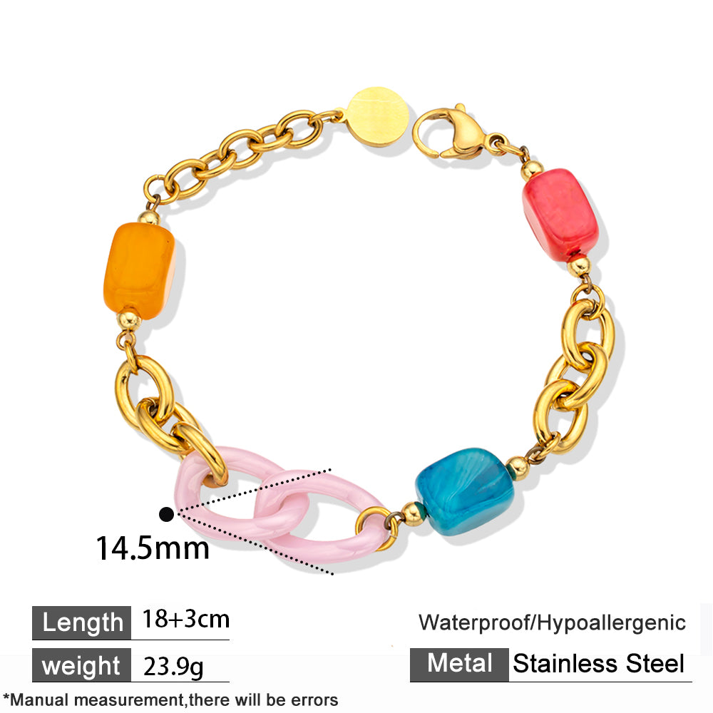 Colorful Agate & Pink Ceramic Bracelet with Gold-Plated Chain – Elegant & Playful