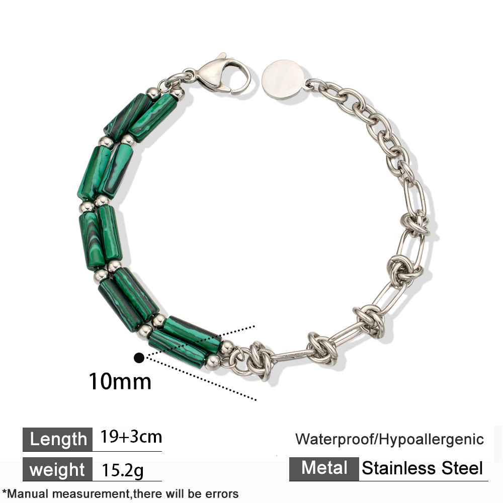 Double-Layer Green Bamboo Stone Bracelet with Stainless Steel – Elegant & Unique Design