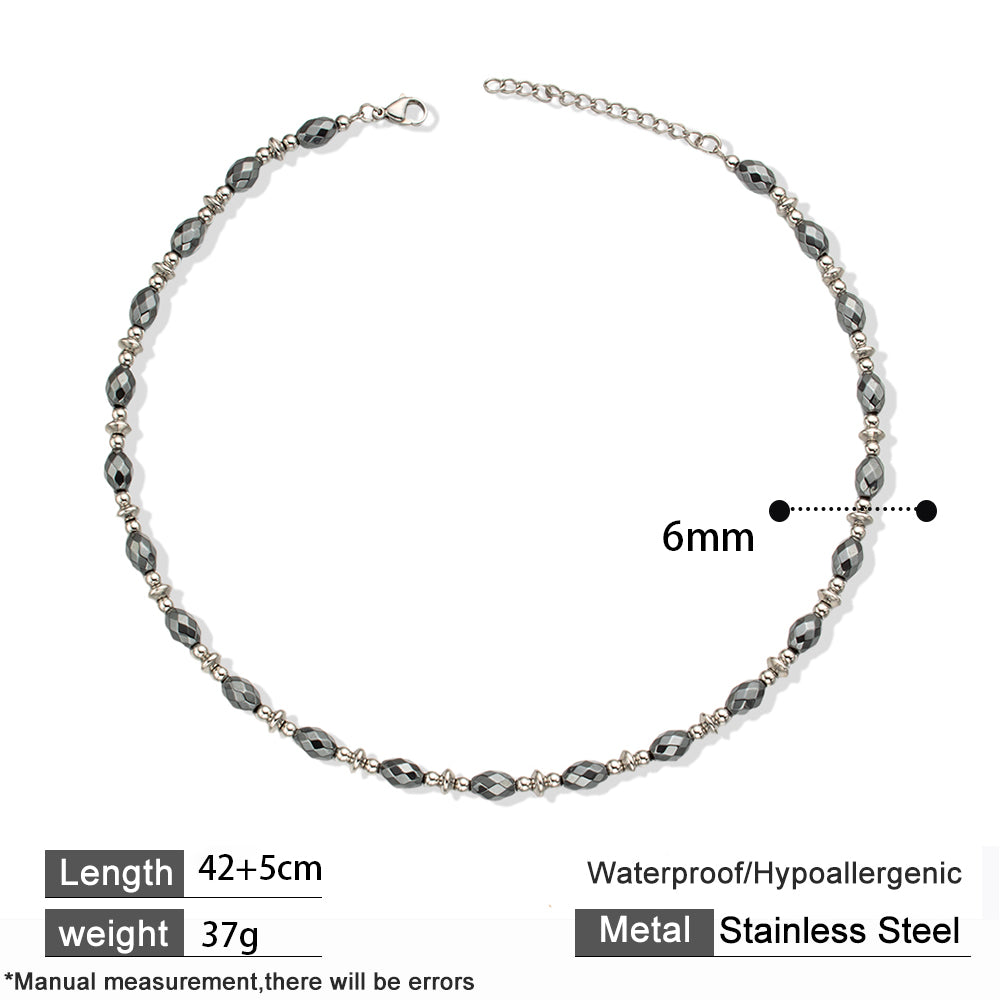 Black Obsidian Necklace with Stainless Steel Beads – Elegant & Refined