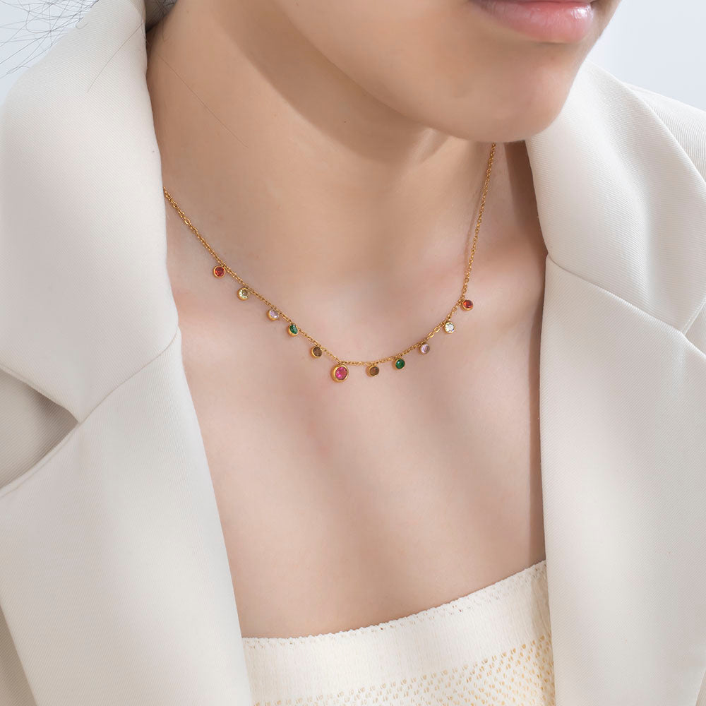 316 Stainless Steel 18K Gold Plated Colorful Zircon Necklace | Dazzling Sparkling Jewelry