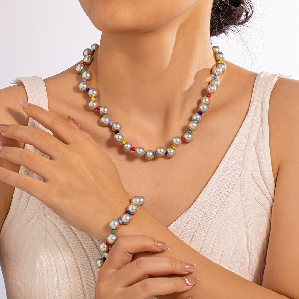 Luna Frost Glass Bead Necklace – Grey Glass Beads & Colorful Minis, Stainless Steel