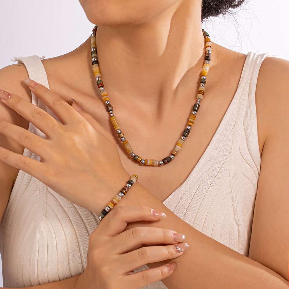 Sahara Spirit Agate & Turquoise Necklace – Natural Agate Discs, Turquoise Beads, Stainless Steel