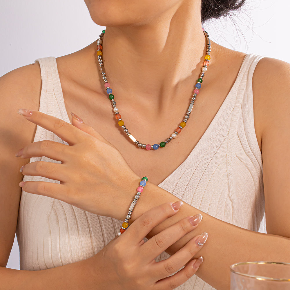 Aurora Color Agate Necklace – Silver 304 Stainless Steel Beads