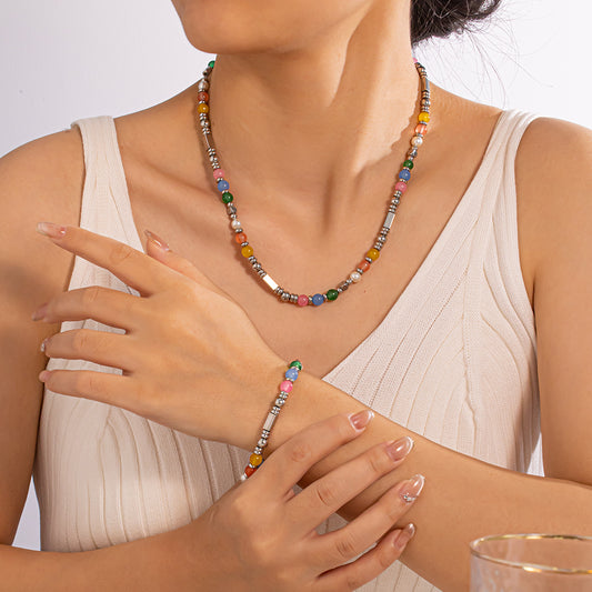 Aurora Color Agate Necklace – Silver 304 Stainless Steel Beads