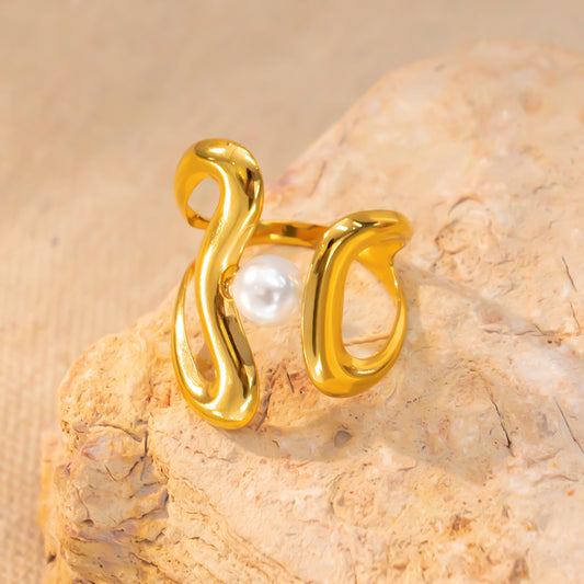316 Stainless Steel 18K Gold Plated Ring with White Bead | Unique Minimalist Fashion Jewelry