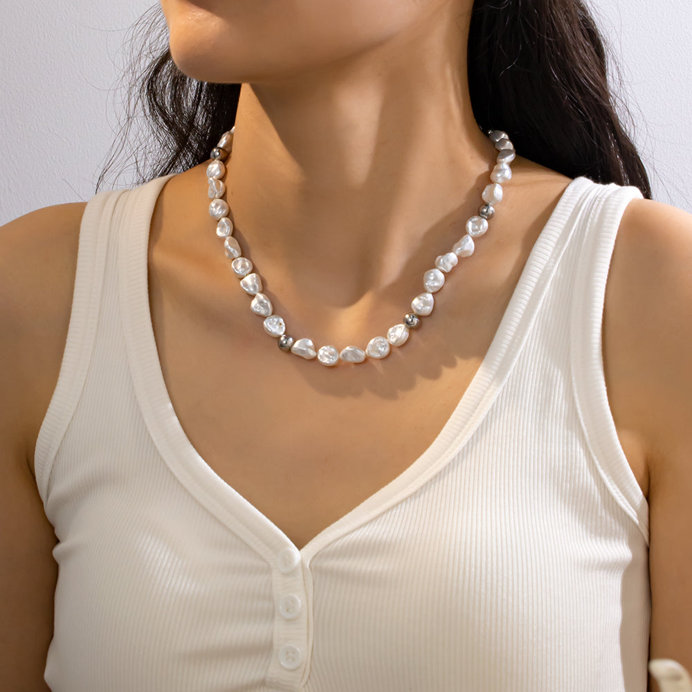 Irregular Pearl Beaded Necklace – 316L Stainless Steel, Elegant & Modern