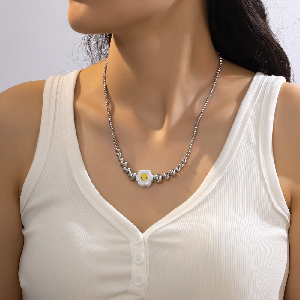 Ceramic Flower Pendant Necklace with Stainless Steel Beads – Elegant & Playful
