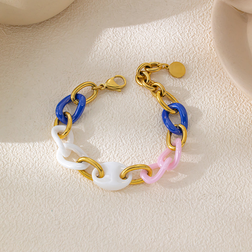 Aurora Ceramic Accent Bracelet – White, Blue & Pink Ceramic, 18K Gold-Plated Stainless Steel, Chunky