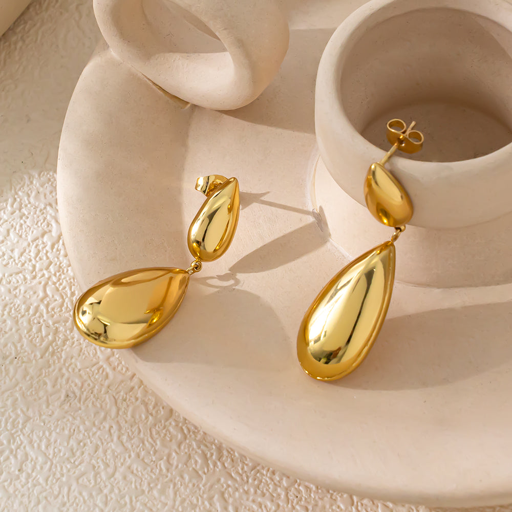 Golden Dewdrop Earrings – 316 Stainless Steel, 18K Gold Plated, Two-Tier Design