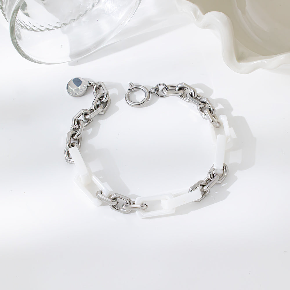 Ivory Flow Bracelet – White Ceramic & Stainless Steel Chunky Chain, Unisex