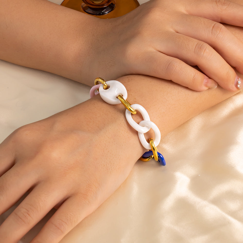Aurora Ceramic Accent Bracelet – White, Blue & Pink Ceramic, 18K Gold-Plated Stainless Steel, Chunky