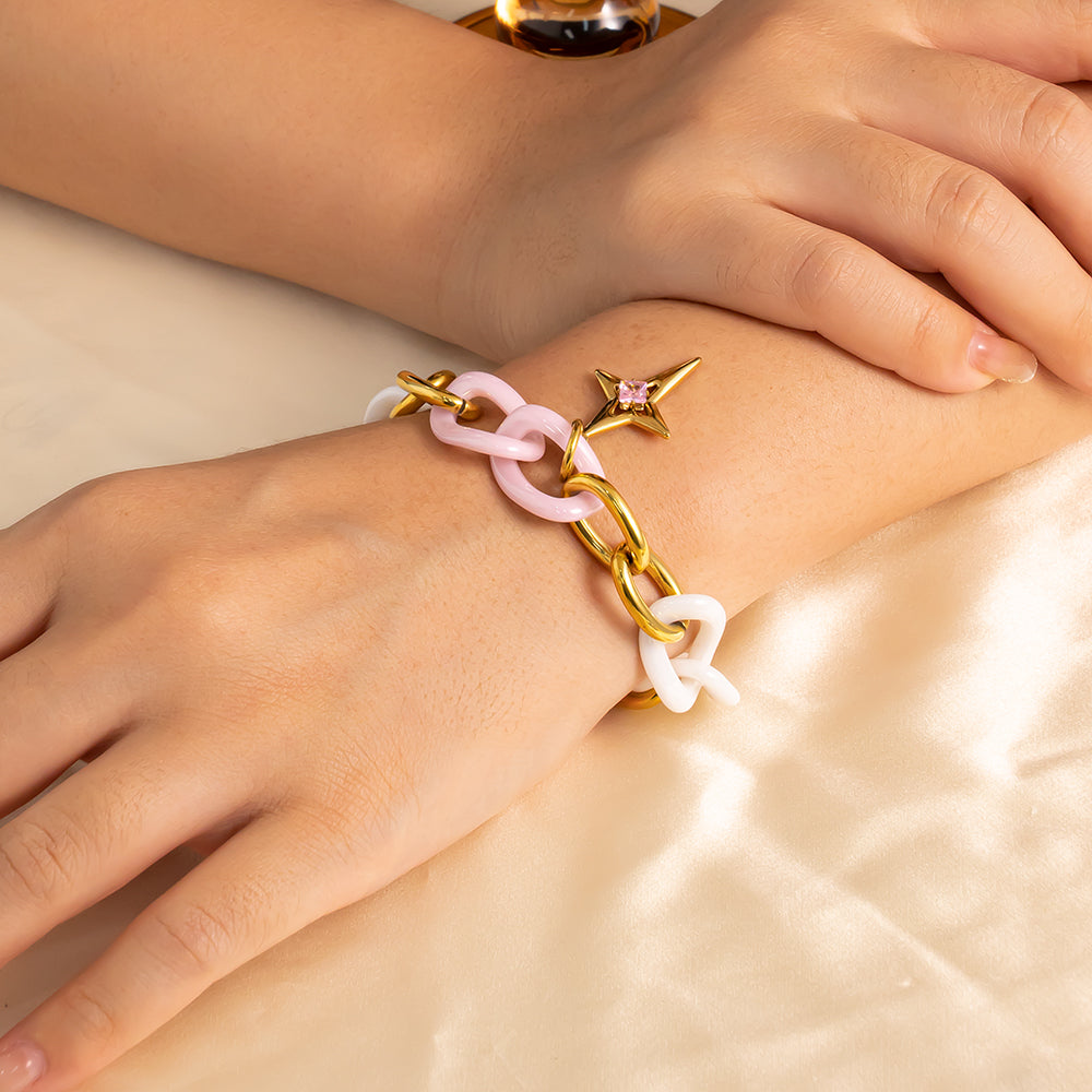 Celeste Ceramic Cross Bracelet – 18K Gold-Plated 316 Stainless Steel, Chunky & Textured