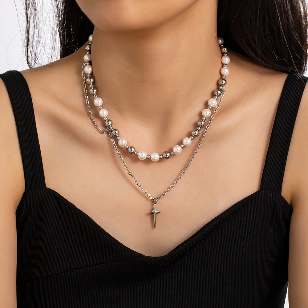 Celeste Pearl Layered Necklace – Double Glass Pearl with Cross Pendant, Unisex