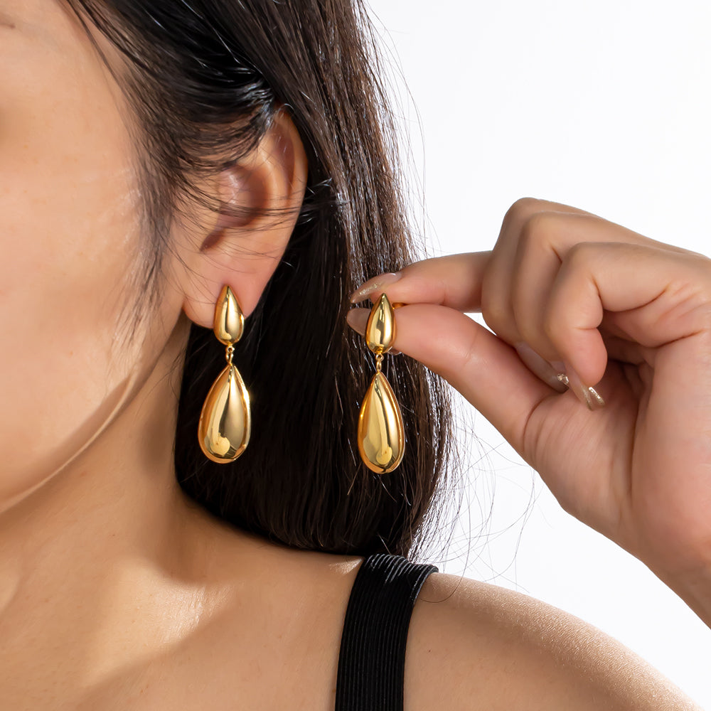Golden Dewdrop Earrings – 316 Stainless Steel, 18K Gold Plated, Two-Tier Design