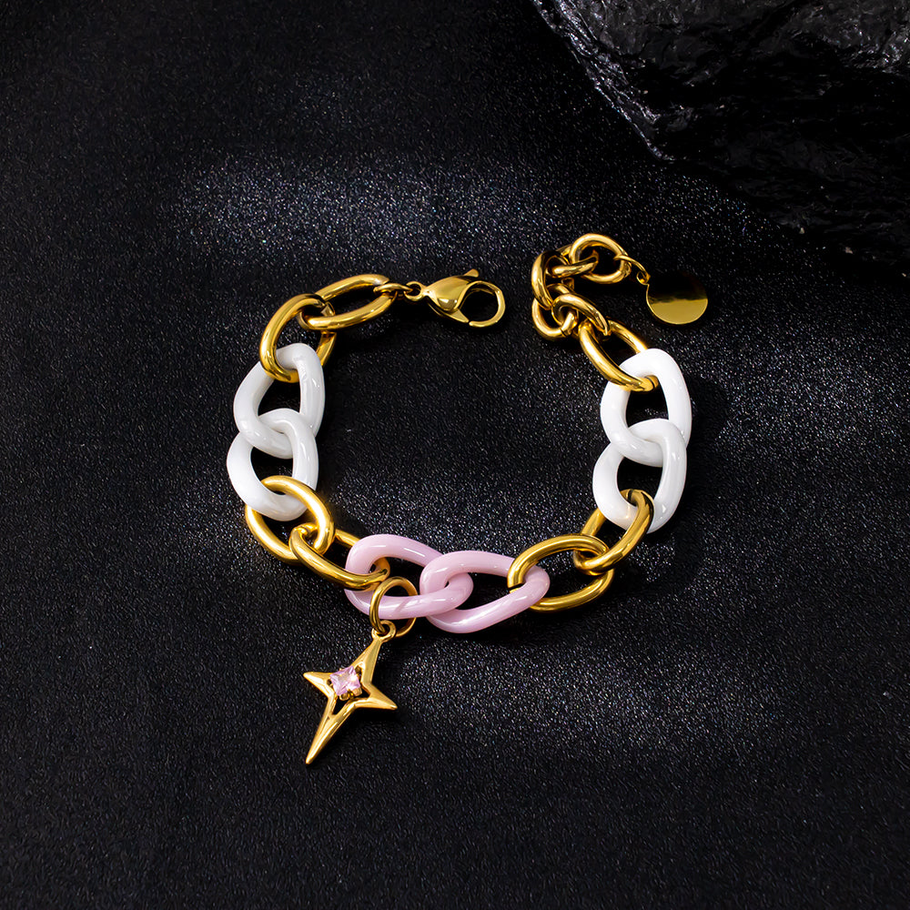 Celeste Ceramic Cross Bracelet – 18K Gold-Plated 316 Stainless Steel, Chunky & Textured