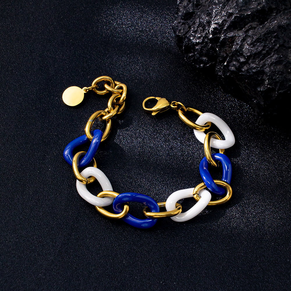 Celestia Ceramic Chain Bracelet – White & Blue Ceramic, 18K Gold-Plated Stainless Steel, Chunky