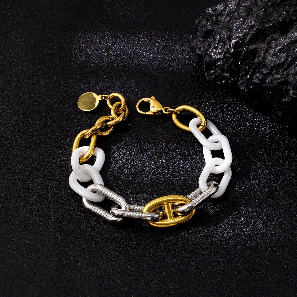 Aurora Ceramic & 18K Gold Bracelet – White & Grey Bioceramic, Stainless Steel