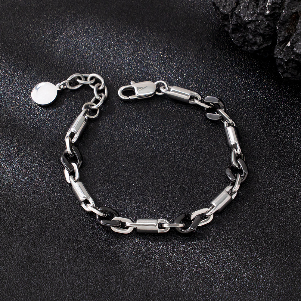 Obsidian Fusion Bracelet – Black Ceramic & Silver Stainless Steel, Mixed-Material Chunky