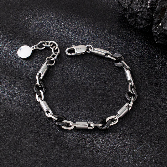 Obsidian Fusion Bracelet – Black Ceramic & Silver Stainless Steel, Mixed-Material Chunky