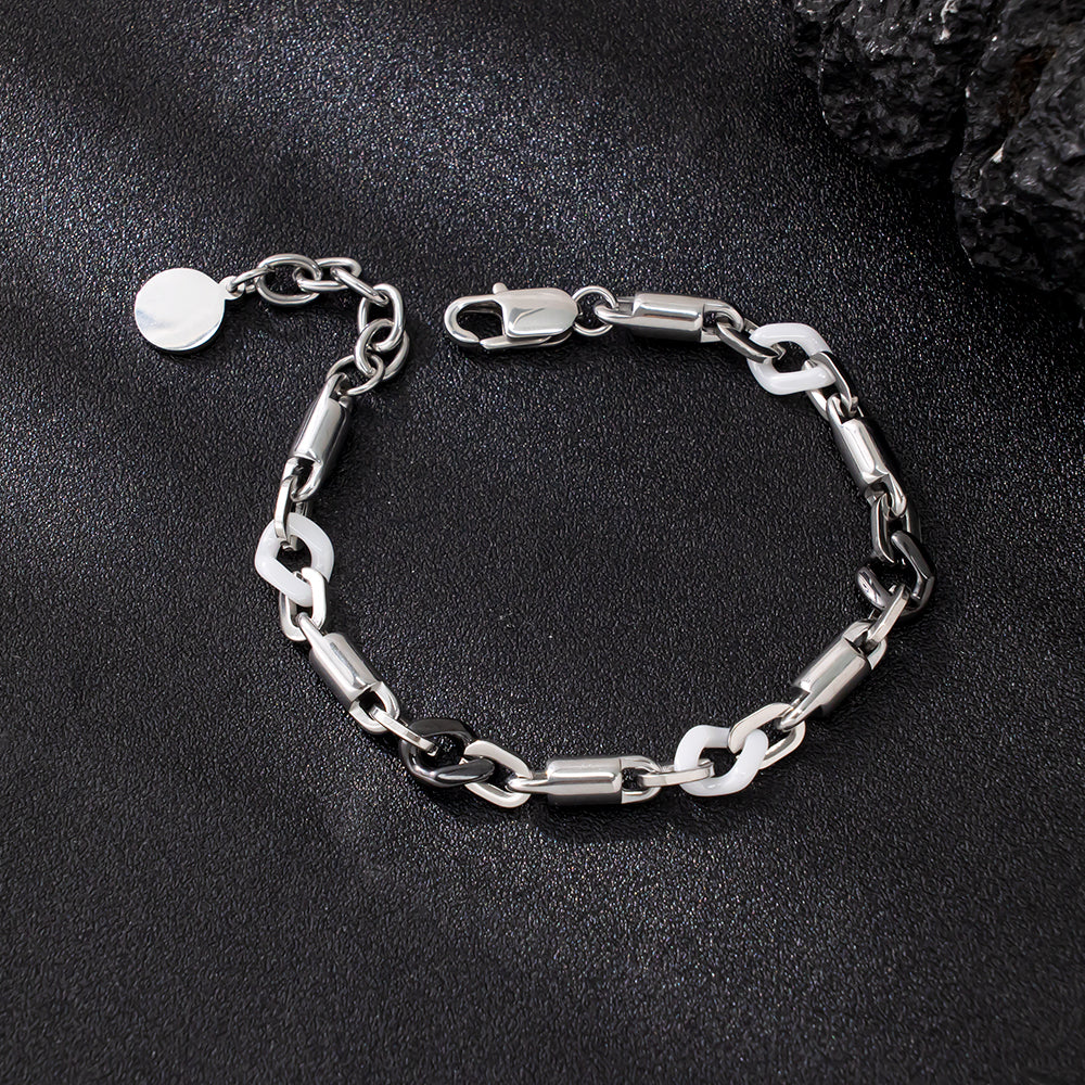 Noir Ceramic Silver Bracelet – Black Ceramic & 316 Stainless Steel, Elegant & Textured
