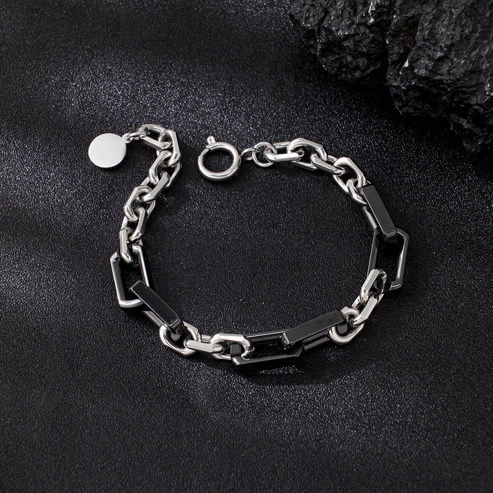 Obsidian Edge Bracelet – Black Square Ceramic & Stainless Steel Chunky Chain, Unisex