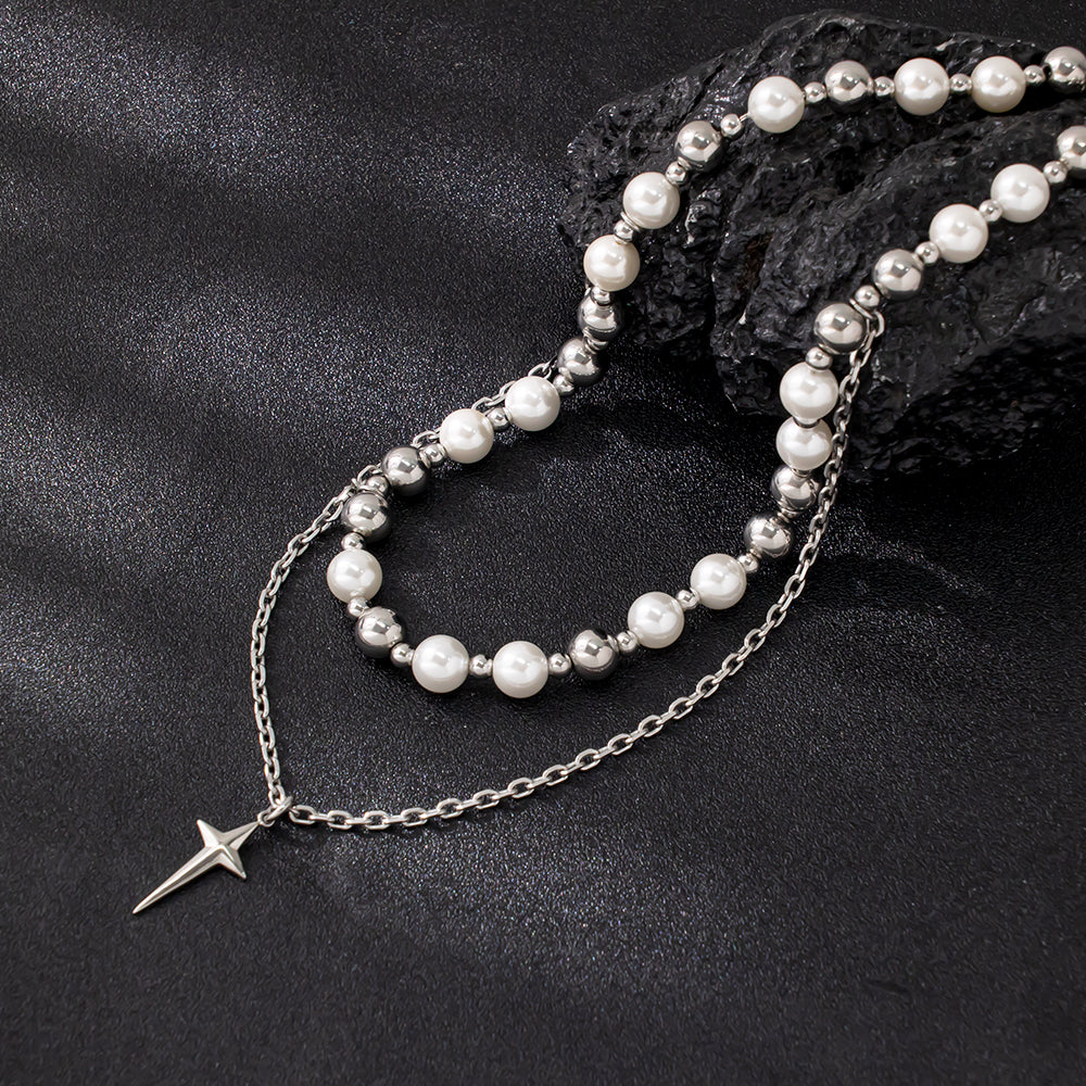 Celeste Pearl Layered Necklace – Double Glass Pearl with Cross Pendant, Unisex