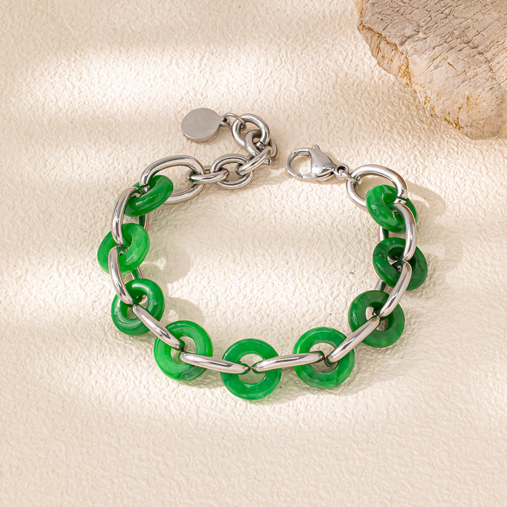 Guardian Jade Circle Bracelet – Green Chalcedony & Silver 316 Stainless Steel, Chunky Chain