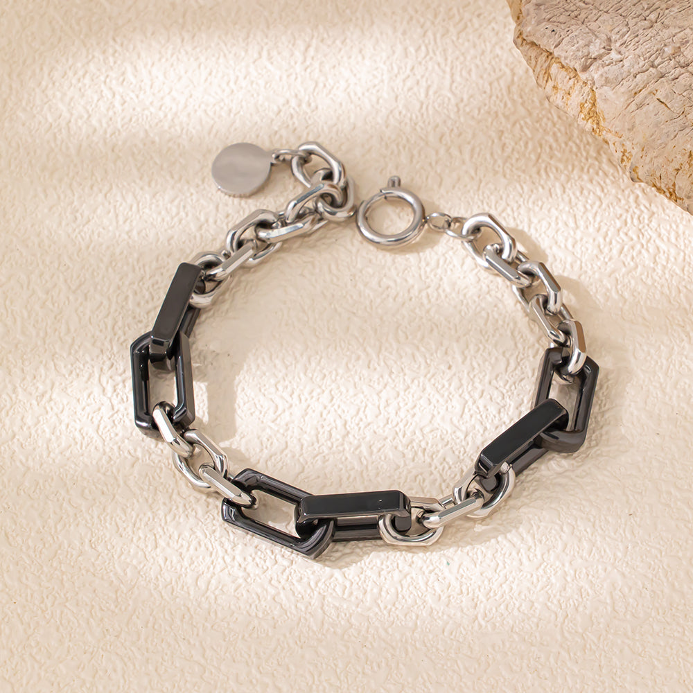 Obsidian Edge Bracelet – Black Square Ceramic & Stainless Steel Chunky Chain, Unisex