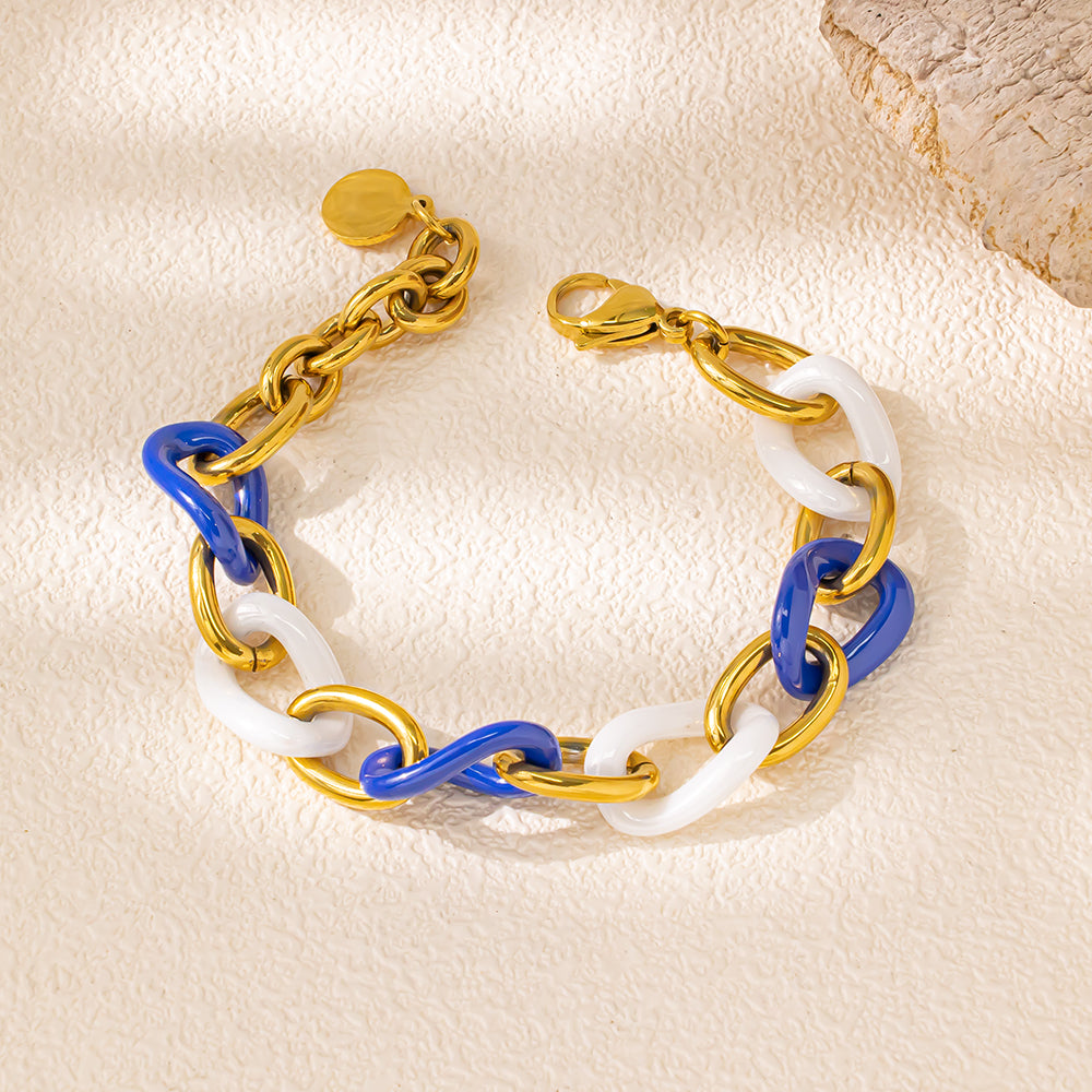 Celestia Ceramic Chain Bracelet – White & Blue Ceramic, 18K Gold-Plated Stainless Steel, Chunky