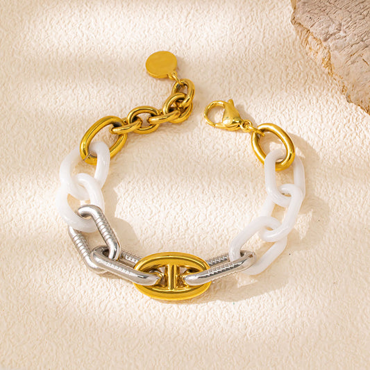 Aurora Ceramic & 18K Gold Bracelet – White & Grey Bioceramic, Stainless Steel