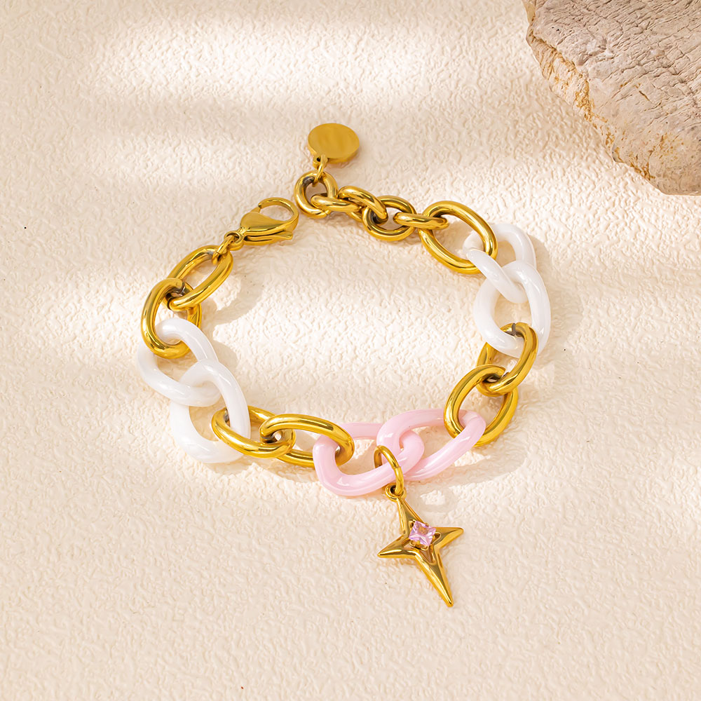 Celeste Ceramic Cross Bracelet – 18K Gold-Plated 316 Stainless Steel, Chunky & Textured