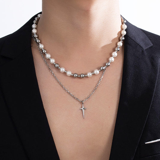 Celeste Pearl Layered Necklace – Double Glass Pearl with Cross Pendant, Unisex