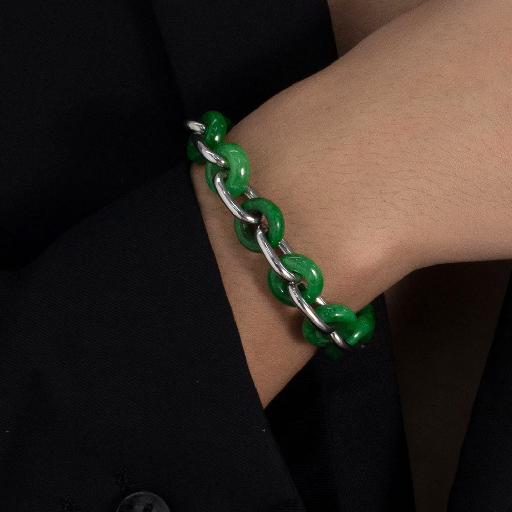 Guardian Jade Circle Bracelet – Green Chalcedony & Silver 316 Stainless Steel, Chunky Chain