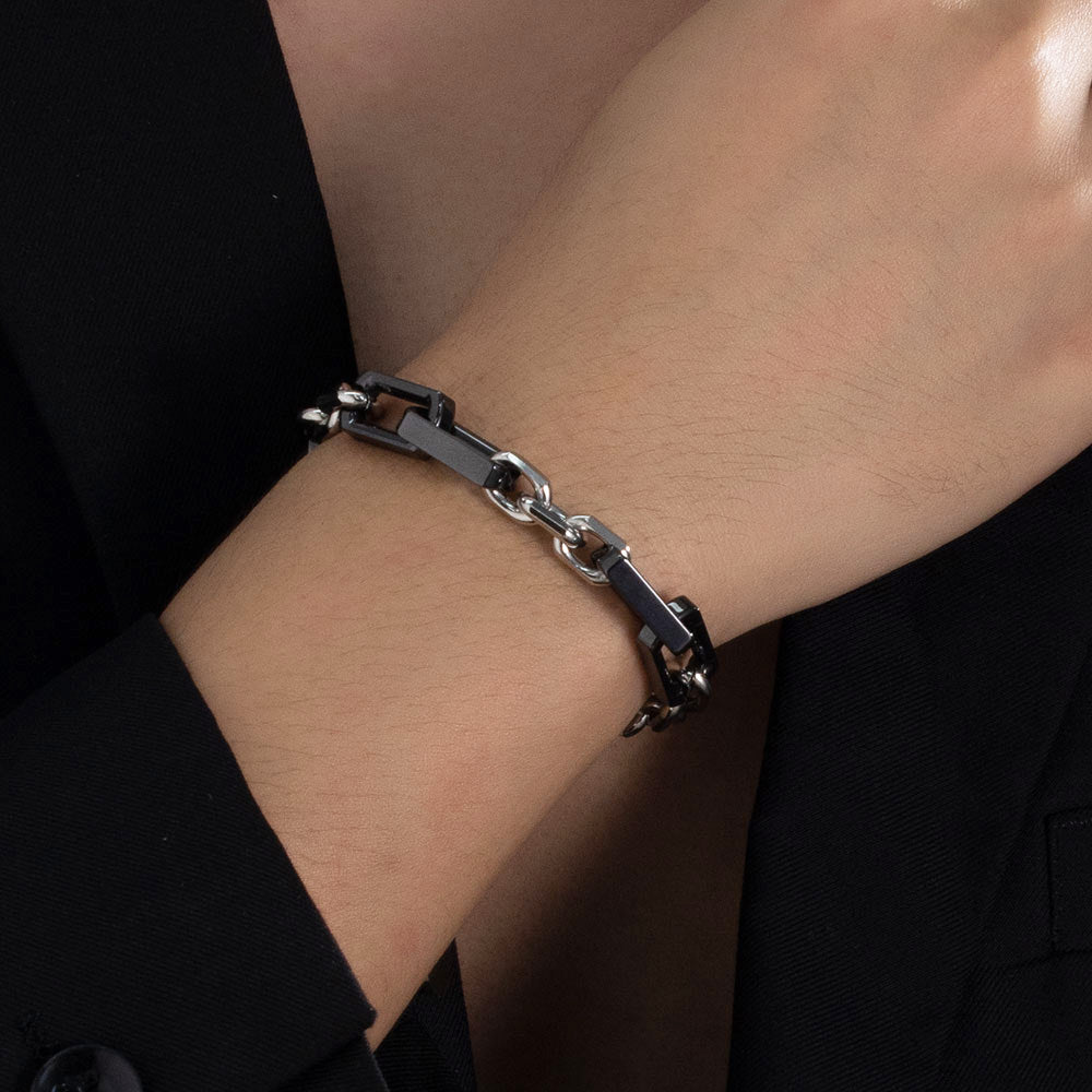 Obsidian Edge Bracelet – Black Square Ceramic & Stainless Steel Chunky Chain, Unisex