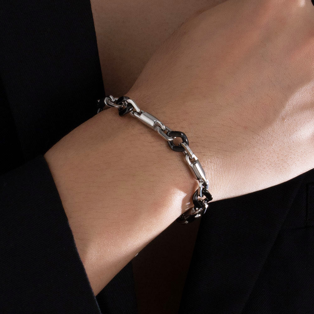 Obsidian Fusion Bracelet – Black Ceramic & Silver Stainless Steel, Mixed-Material Chunky