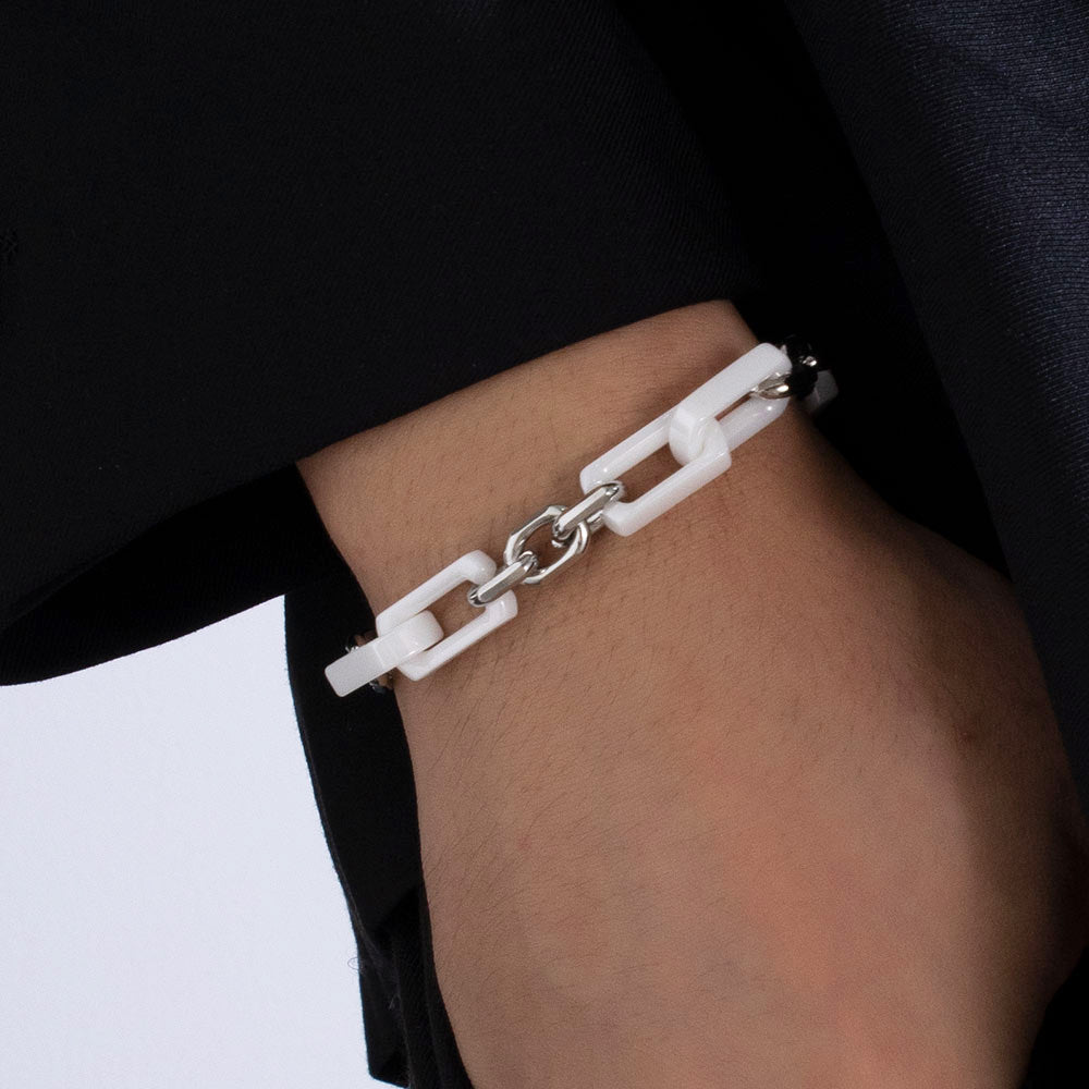 Ivory Flow Bracelet – White Ceramic & Stainless Steel Chunky Chain, Unisex