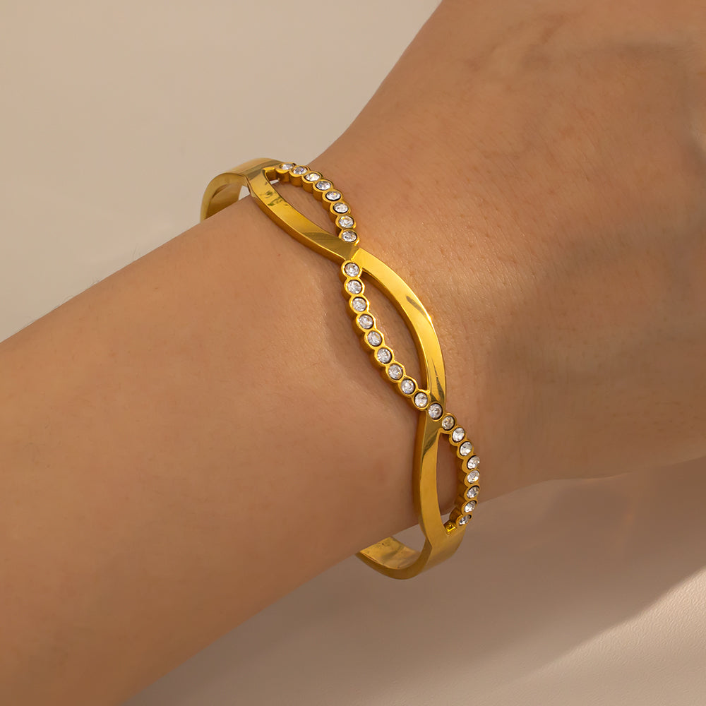 316 Stainless Steel 18K Crystal Wave C-Shaped Bracelet | Sparkling Open Design