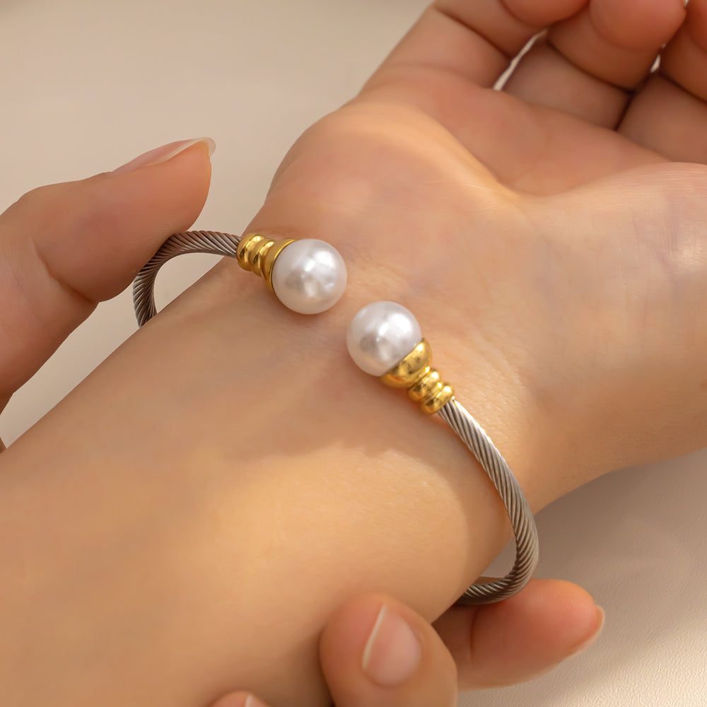 Silver Tone 316 Stainless Steel Rope-Style Bangle with Two White Beads – Waterproof & Hypoallergenic Bracelet