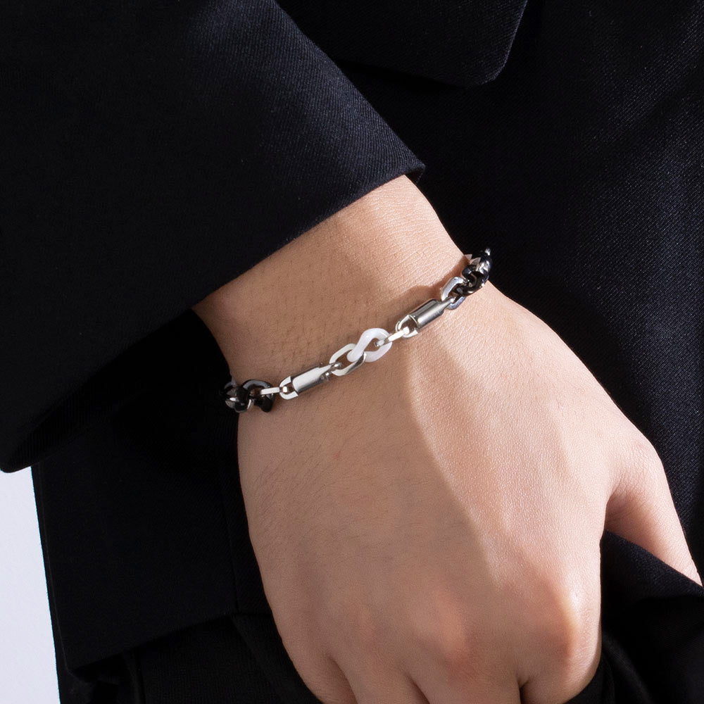Noir Ceramic Silver Bracelet – Black Ceramic & 316 Stainless Steel, Elegant & Textured