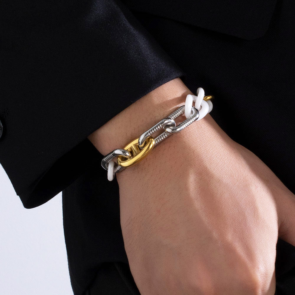 Aurora Ceramic & 18K Gold Bracelet – White & Grey Bioceramic, Stainless Steel