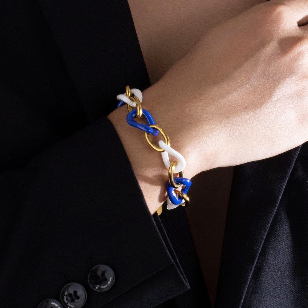 Celestia Ceramic Chain Bracelet – White & Blue Ceramic, 18K Gold-Plated Stainless Steel, Chunky