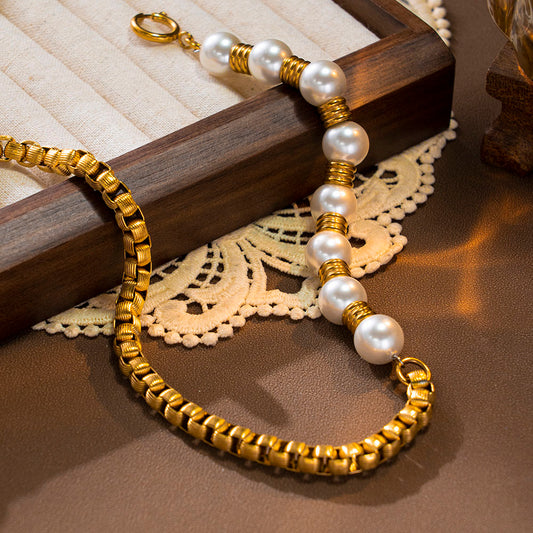 Morning Glow Bead Necklace with 316 Stainless Steel 18K Gold Plated Chain and White Beads – Unisex Handmade Jewelry