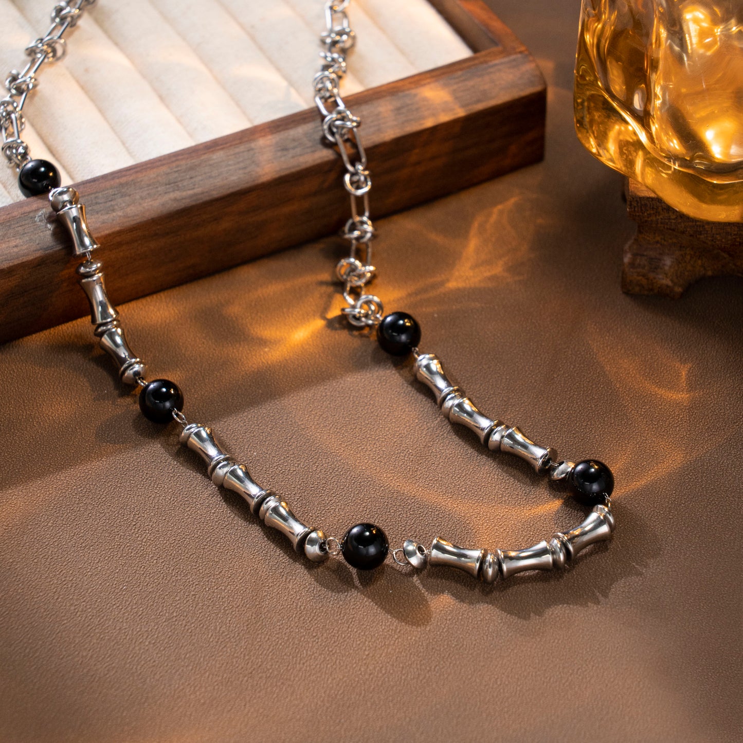 Bamboo Link Stainless Steel Necklace with Black Bead Accents – Stylish Minimalist Unisex Jewelry