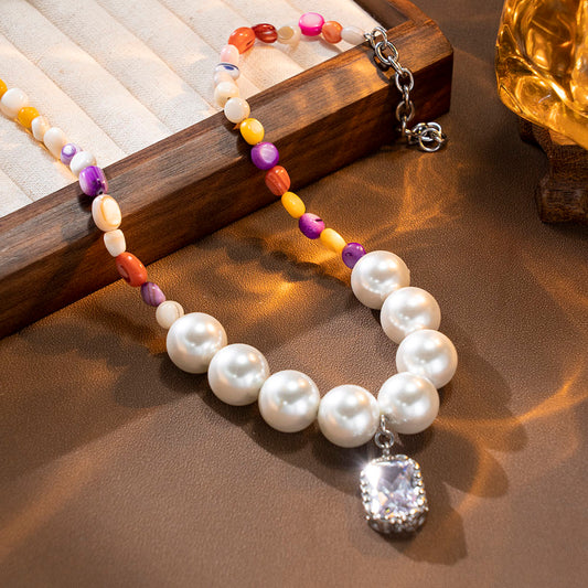 Gemstone Pendant Necklace with Colorful Stone Beads – Handmade Large Bead Jewelry for Women